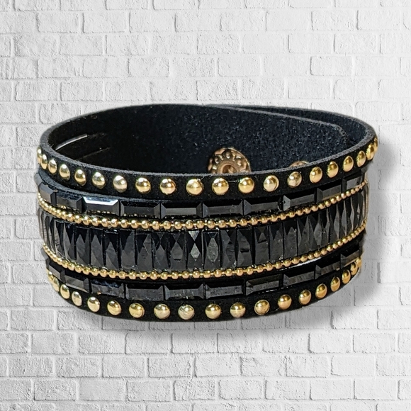 A3 Black Gold Rhinestone Crystal Wrap Cuff Bracelet Sz M-L Adjustable NEW A3 - Picture 10 of 11